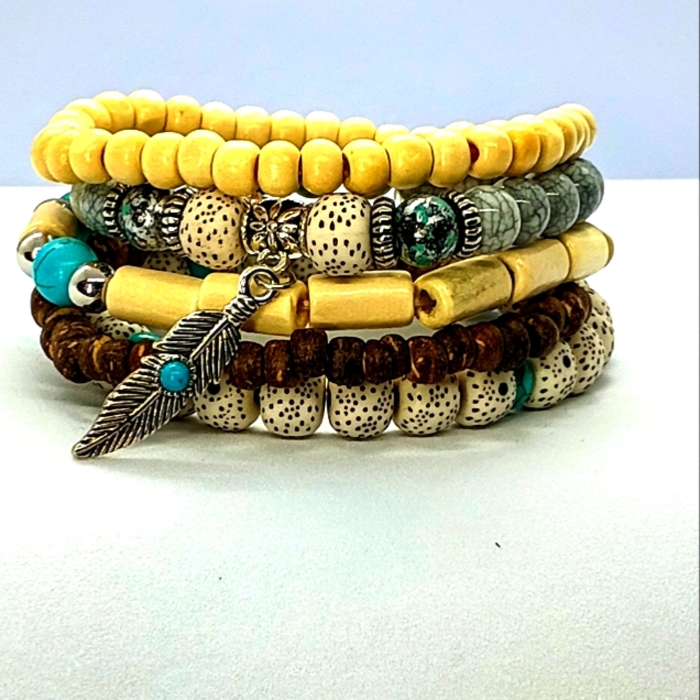5 Unisex Stackable Wooden And Resin Beaded Boho Bracelets - Picture 2 of 4